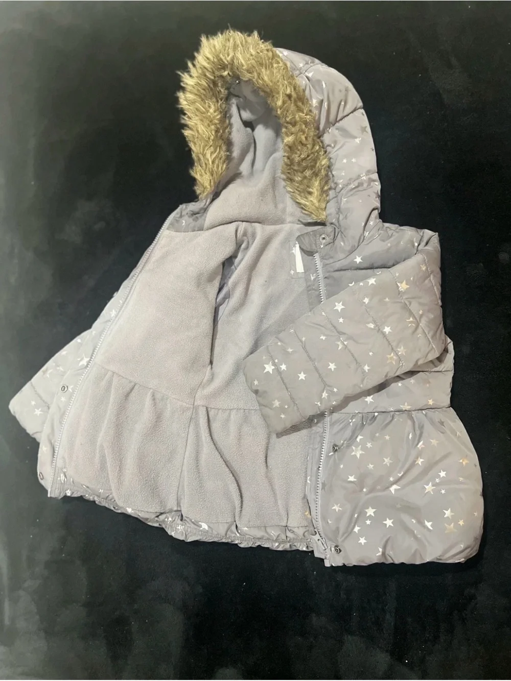 The Children's Place Gray Star-Print Puffer Coat with Faux-Fur Hood